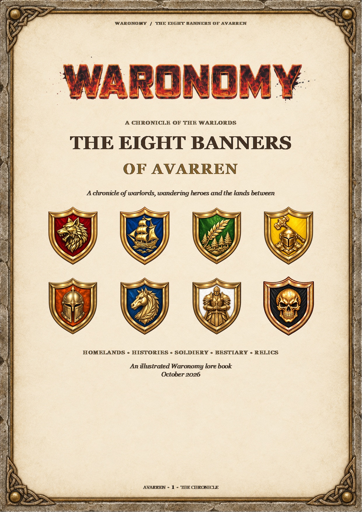 The Eight Banners of Avarren book cover with eight faction crests