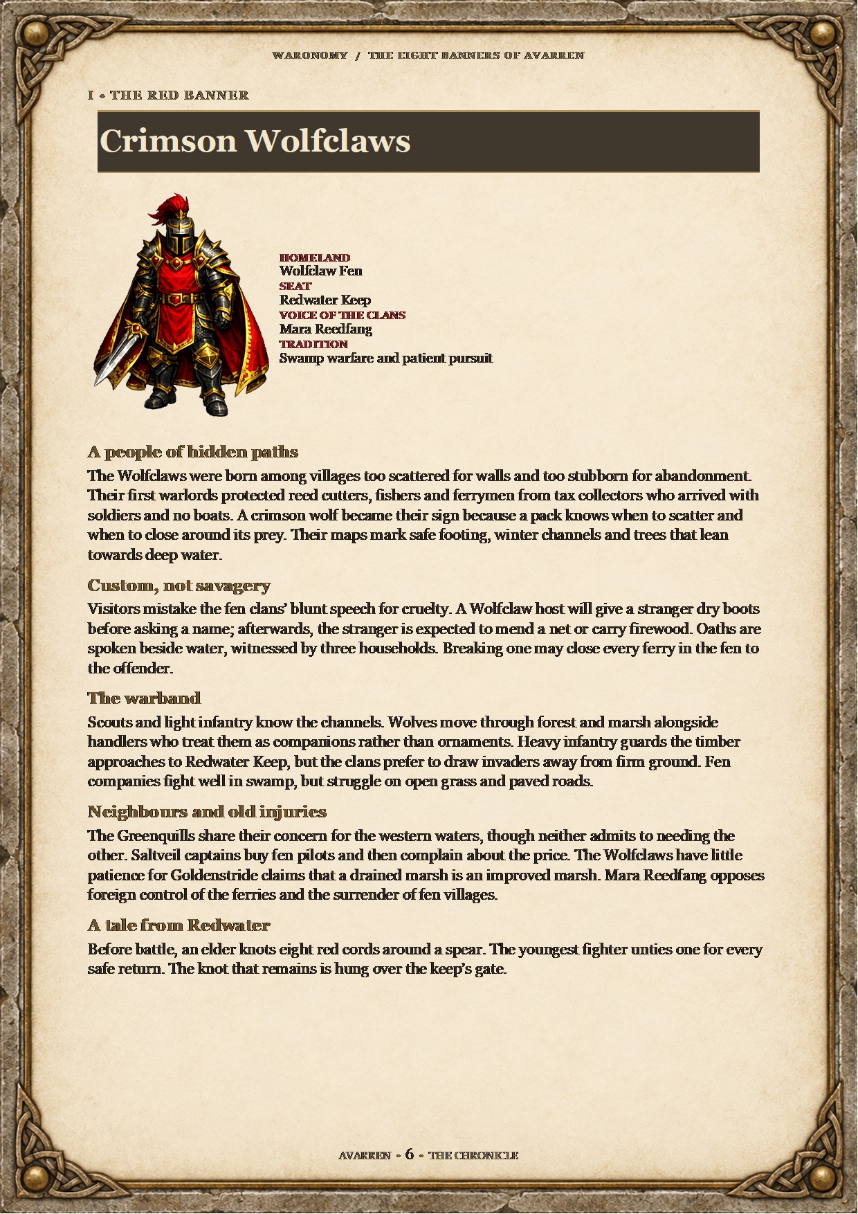 The Crimson Wolfclaws chapter, with a red warlord portrait and the history of Wolfclaw Fen