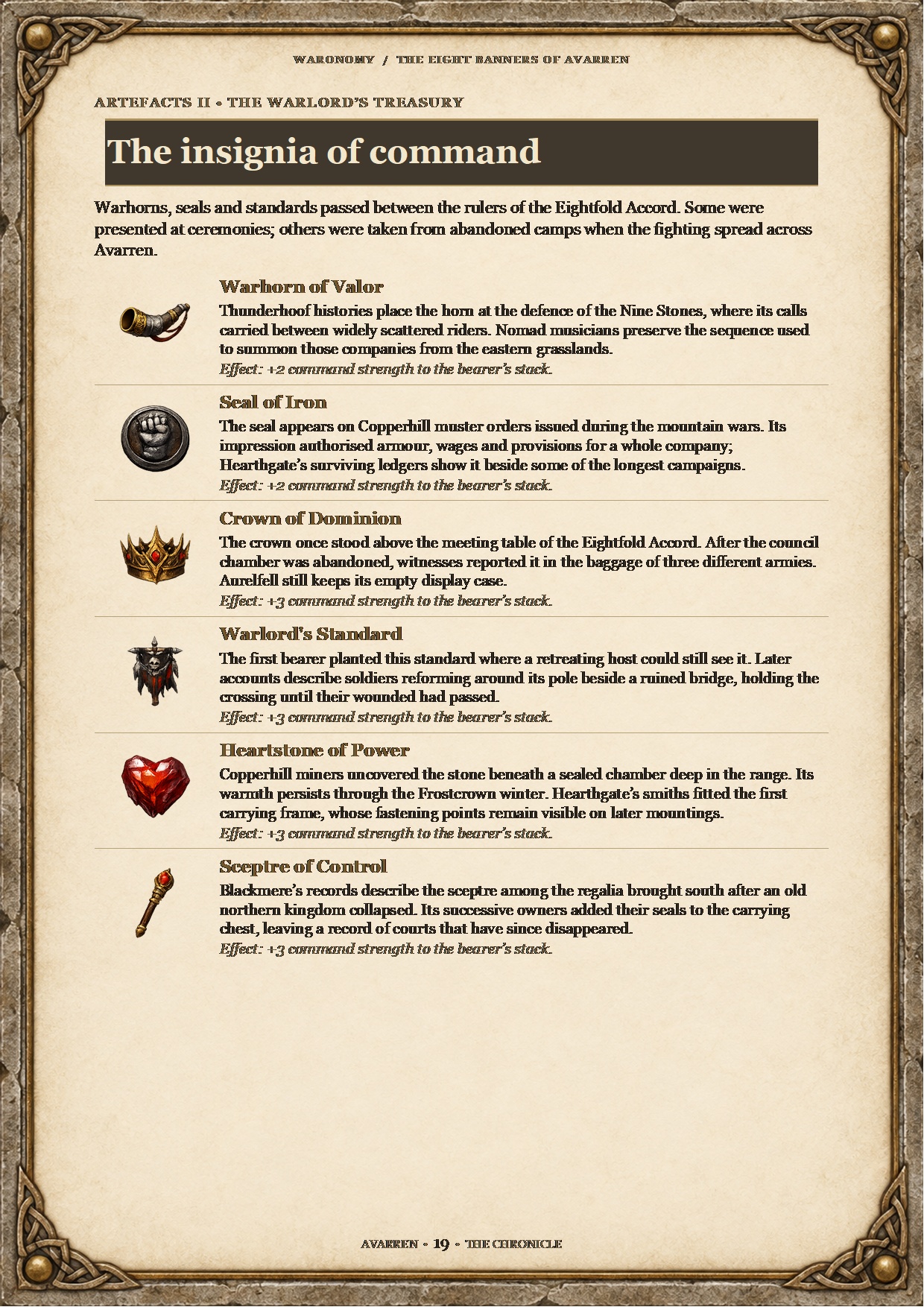 Six illustrated command artefacts, with regional stories and game effects
